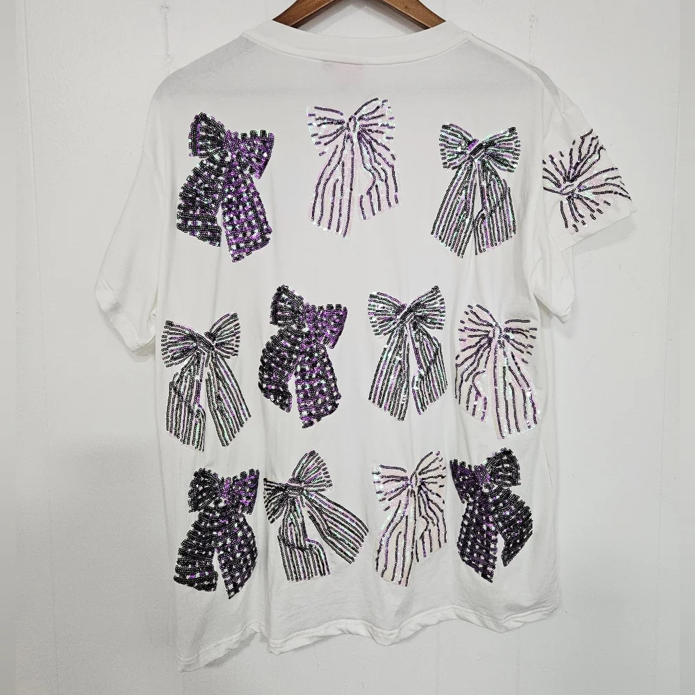 QUEEN OF SPARKLES White Short Sleeve Tee with Purple Sequin Bows - Picture 4 of 9